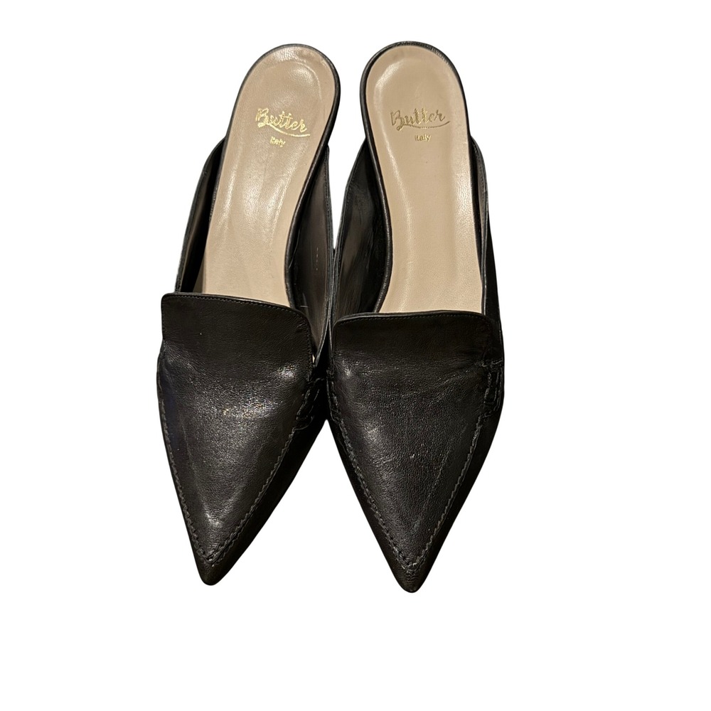 Butter Italy Black Leather Pointed Toe Mule Kitten Heels Women Size 8